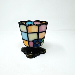 Vintage PartyLite Stained Glass Votive Candle Holder Tiffany Floral Base Style